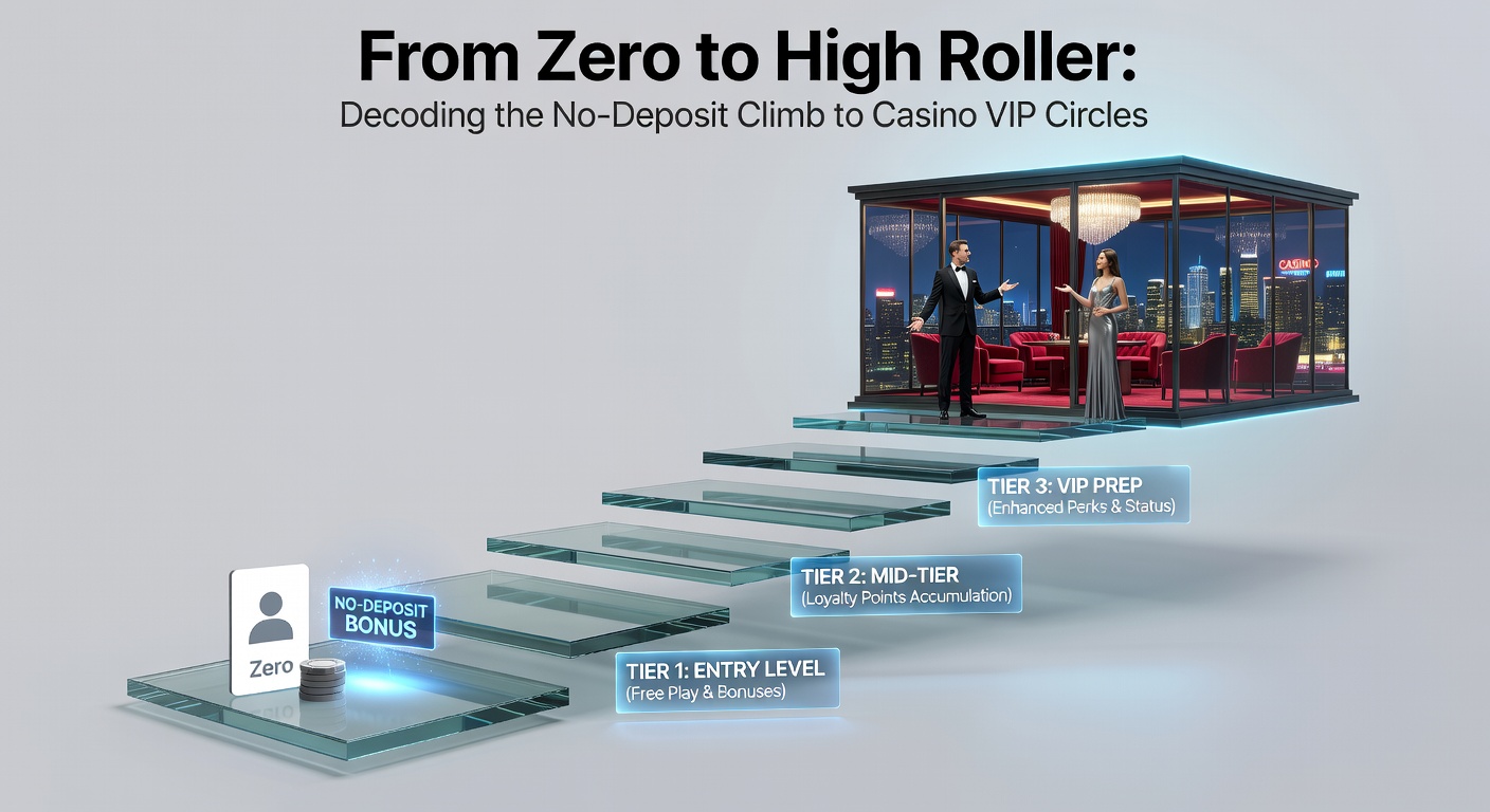 Screenshot of a casino VIP tier progression chart, showing levels from Bronze to Diamond with escalating perks like cashback and personal hosts, alongside a no-deposit bonus claim button
