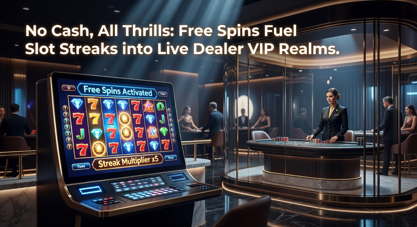 Live dealer blackjack table with high-stakes chips and VIP lounge ambiance, linked by glowing slot win trail