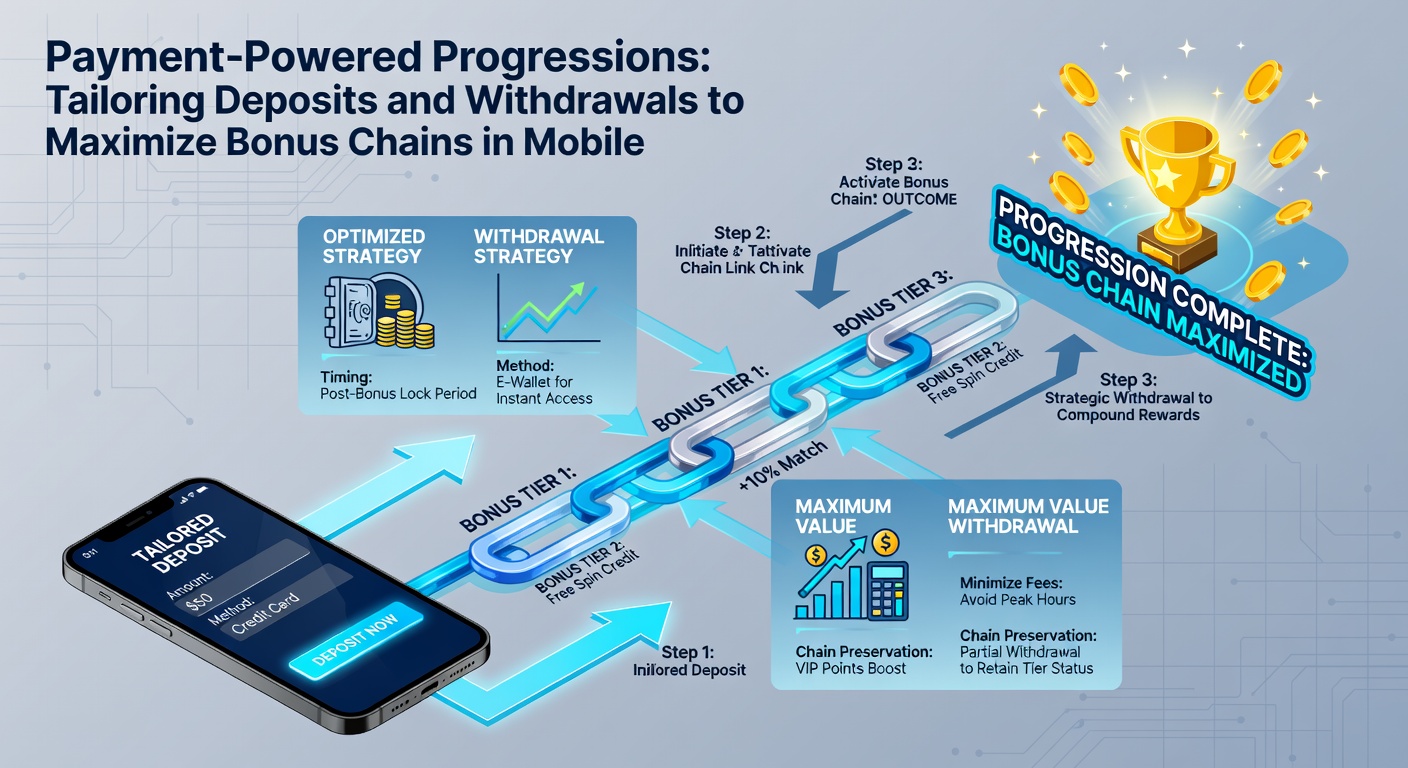 Graph illustrating bonus chain growth with timed deposits and partial withdrawals on a mobile screen, alongside payment method icons