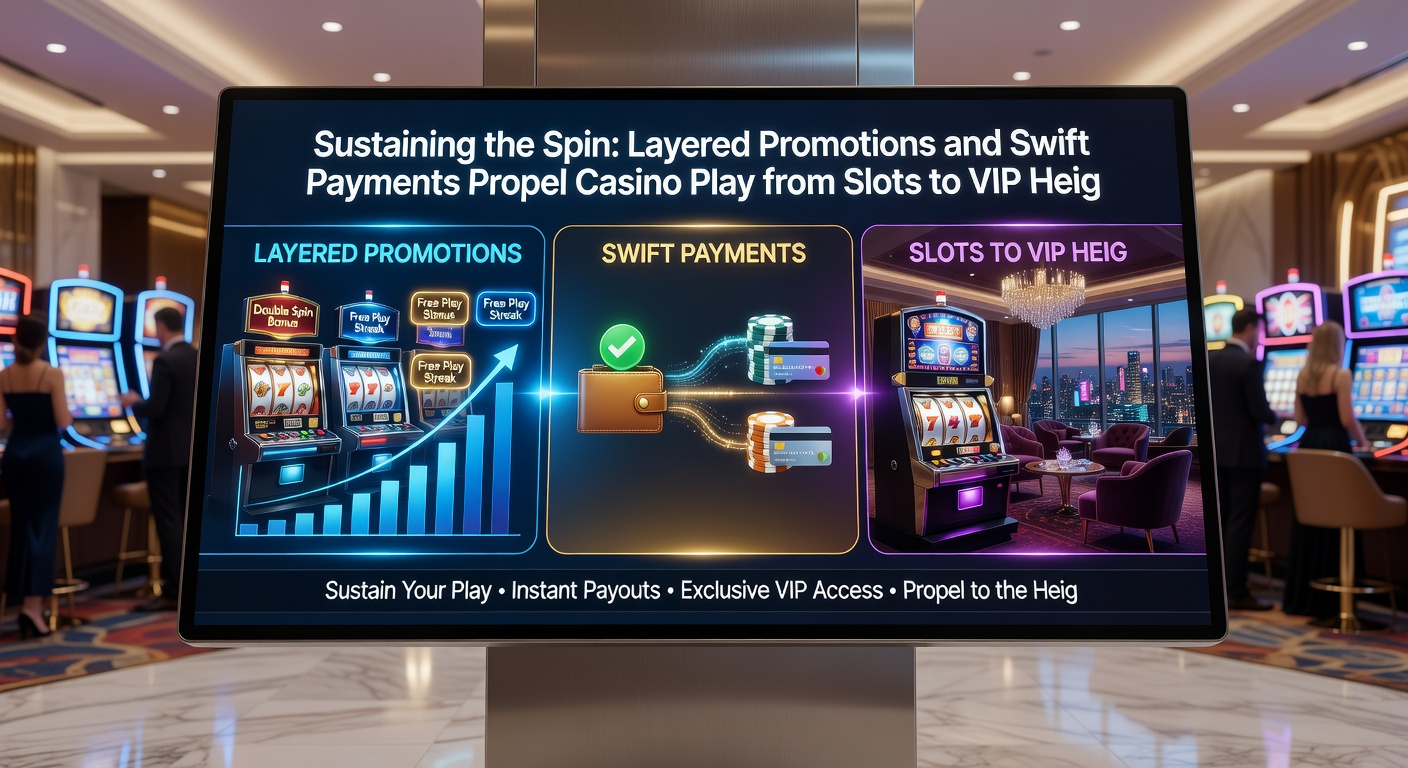 Dynamic graphic illustrating player progression from colorful slot reels to elegant VIP poker rooms with fast payment icons