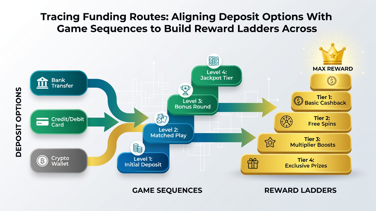 Diagram depicting aligned funding routes progressing through mobile reels, table sequences, and live dealer VIP ladders